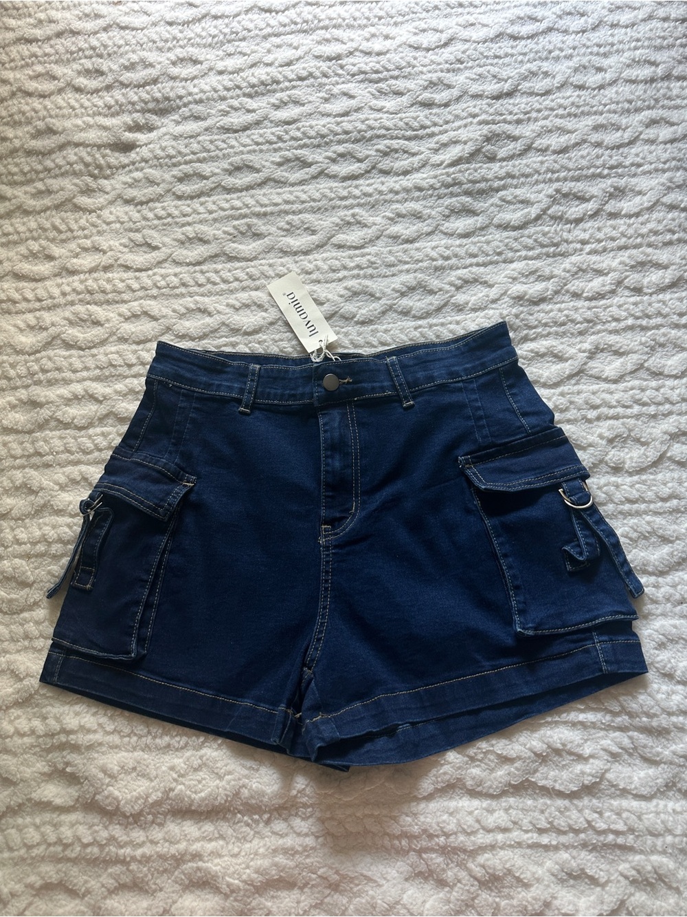 High-Rise Dark Blue Cargo Denim Shorts